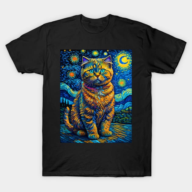 The Scottist Fold Cat in starry night T-Shirt by FUN GOGH